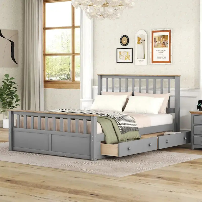 Letto matrimoniale Queen grigio in pino naturale con cassetti e testiera in legno