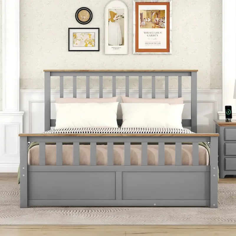 Letto matrimoniale Queen grigio in pino naturale con cassetti e testiera in legno