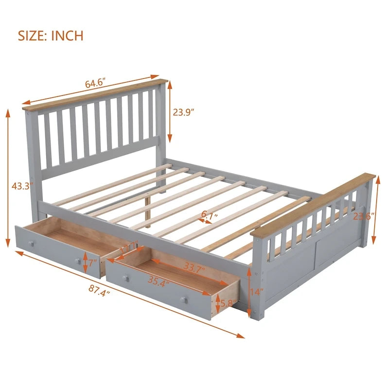 Letto matrimoniale Queen grigio in pino naturale con cassetti e testiera in legno
