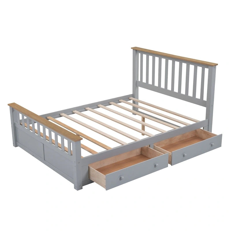 Letto matrimoniale Queen grigio in pino naturale con cassetti e testiera in legno