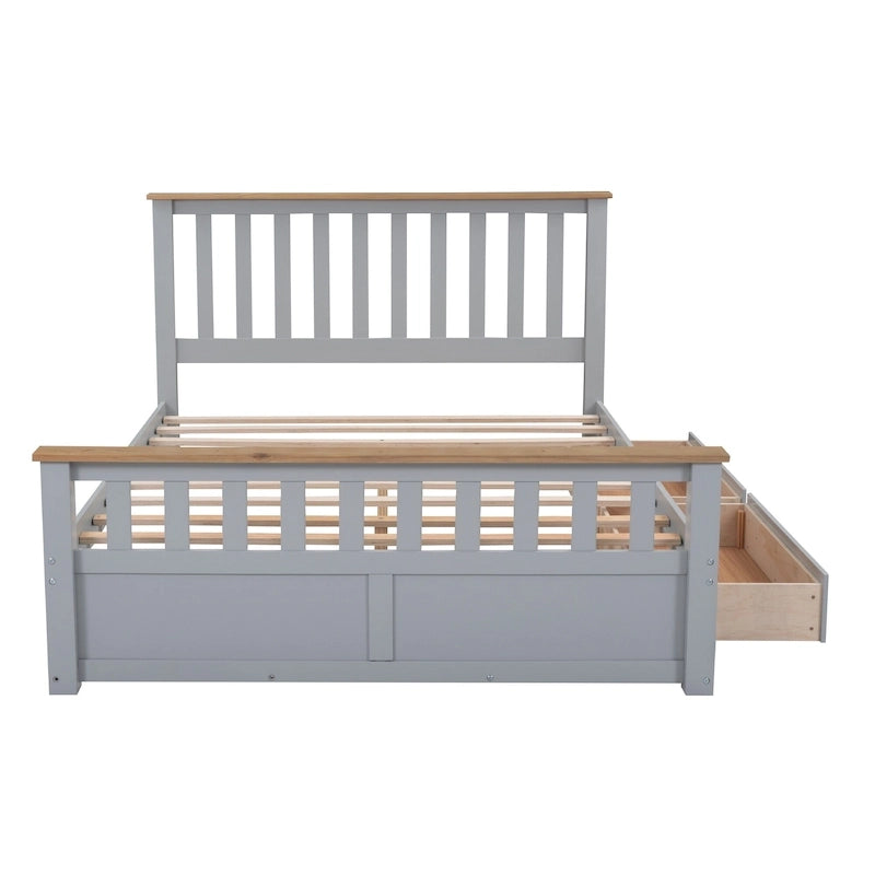 Letto matrimoniale Queen grigio in pino naturale con cassetti e testiera in legno