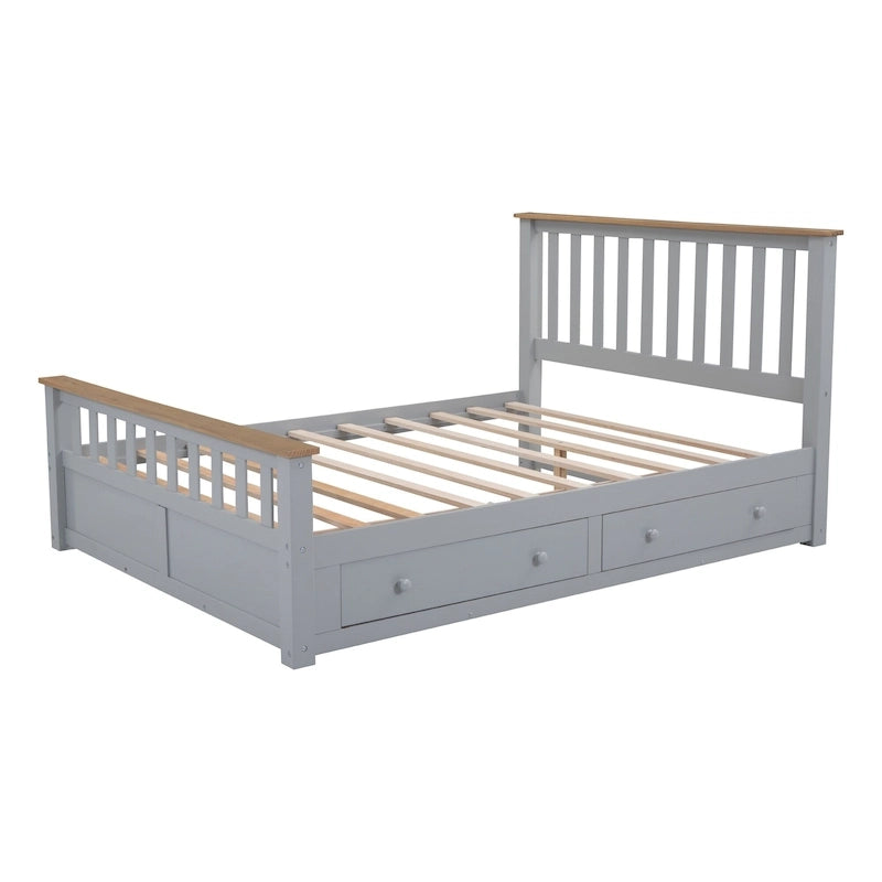 Letto matrimoniale Queen grigio in pino naturale con cassetti e testiera in legno