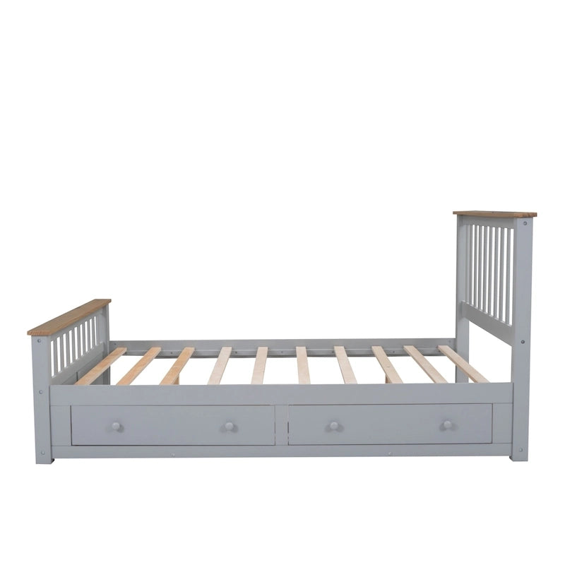 Letto matrimoniale Queen grigio in pino naturale con cassetti e testiera in legno
