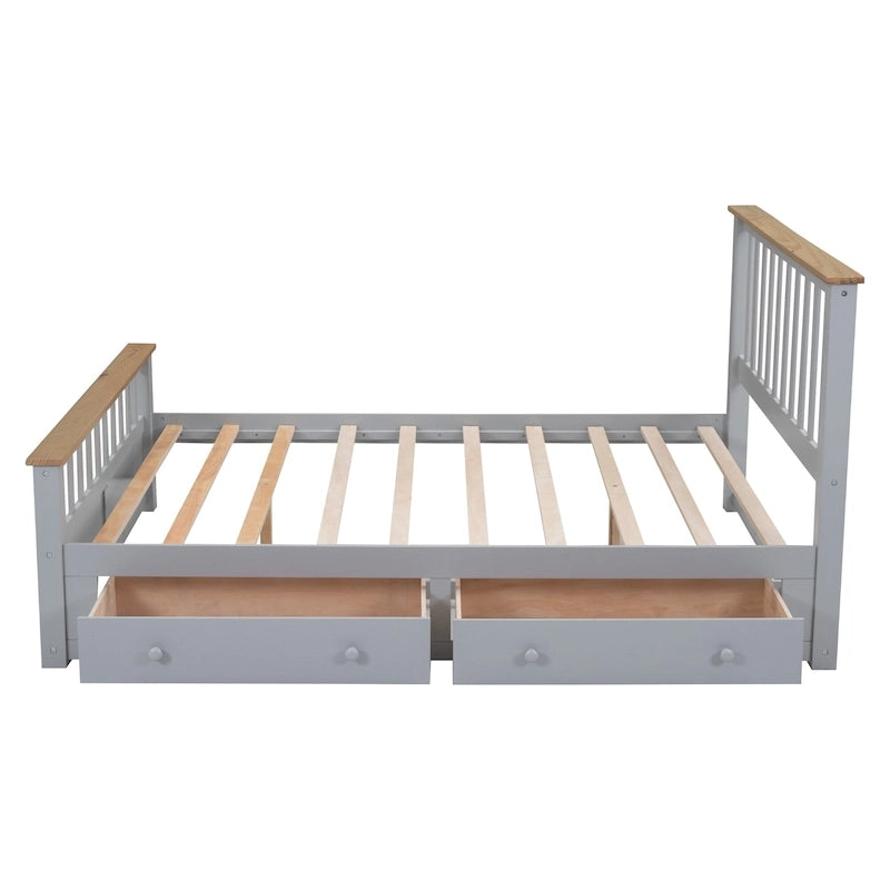 Letto matrimoniale Queen grigio in pino naturale con cassetti e testiera in legno