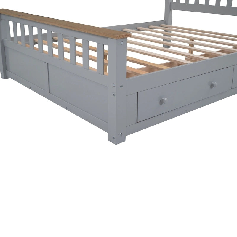 Letto matrimoniale Queen grigio in pino naturale con cassetti e testiera in legno