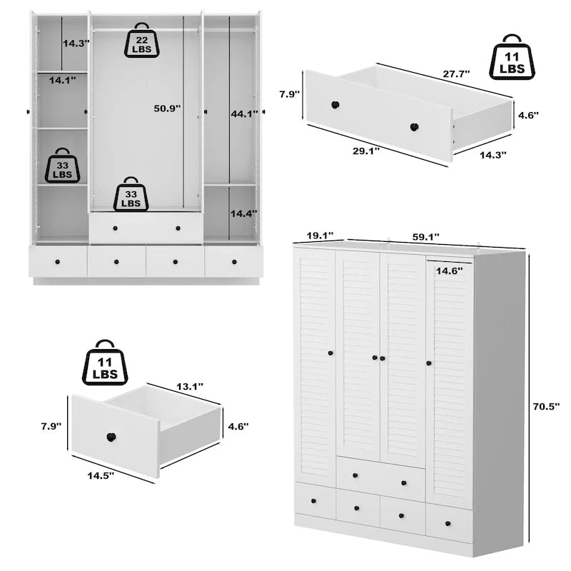 Armadio guardaroba 59W grande armadio autoportante bianco