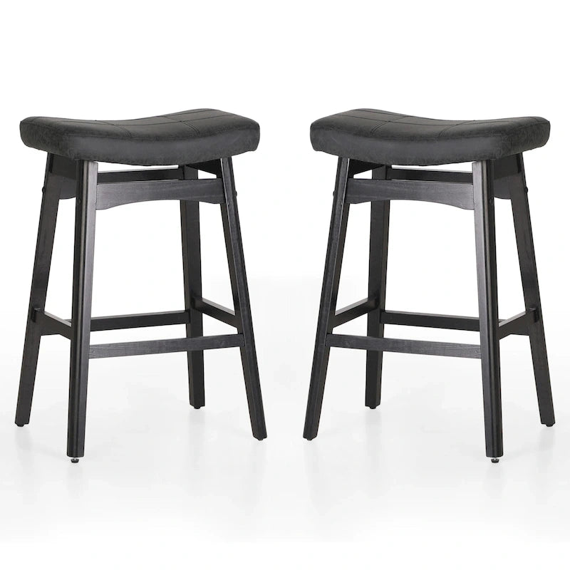 Sgabelli da bar in legno massello da 24 pollici con cuscino in tessuto di lino / pelle PU, set da 2