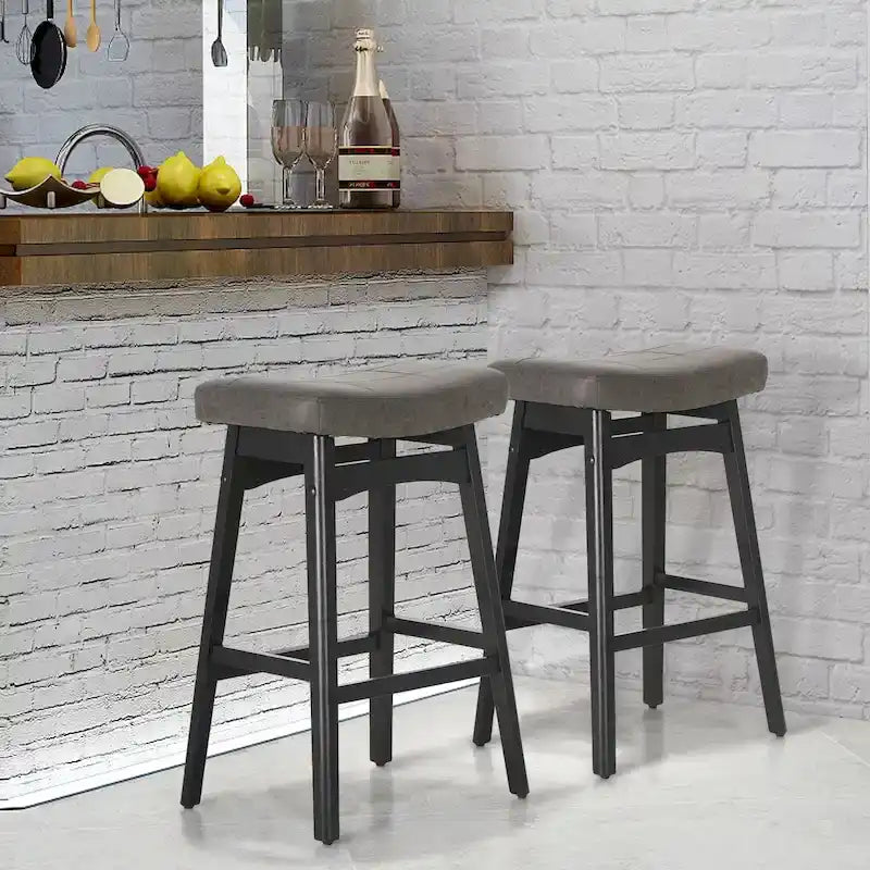 Sgabelli da bar in legno massello da 24 pollici con cuscino in tessuto di lino / pelle PU, set da 2