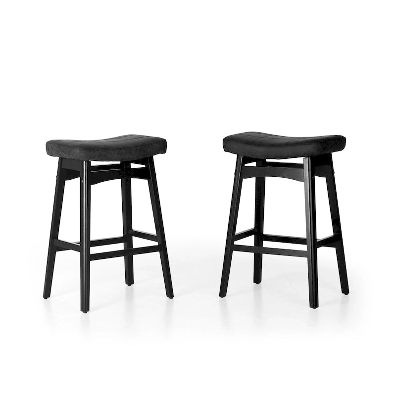 Sgabelli da bar in legno massello da 24 pollici con cuscino in tessuto di lino / pelle PU, set da 2