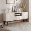 Mobile TV beige con cassetto per TV fino a 65 pollici con gambe in legno, design moderno di metà secolo