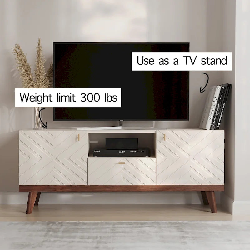 Mobile TV beige con cassetto per TV fino a 65 pollici con gambe in legno, design moderno di metà secolo