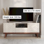 Mobile TV beige con cassetto per TV fino a 65 pollici con gambe in legno, design moderno di metà secolo