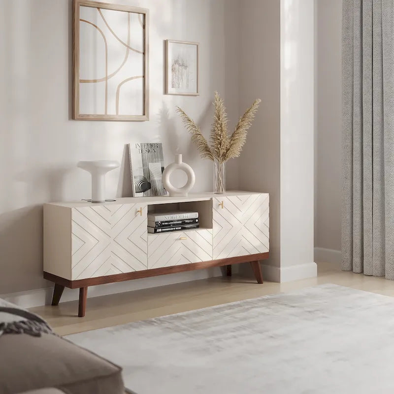 Mobile TV beige con cassetto per TV fino a 65 pollici con gambe in legno, design moderno di metà secolo
