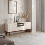 Mobile TV beige con cassetto per TV fino a 65 pollici con gambe in legno, design moderno di metà secolo