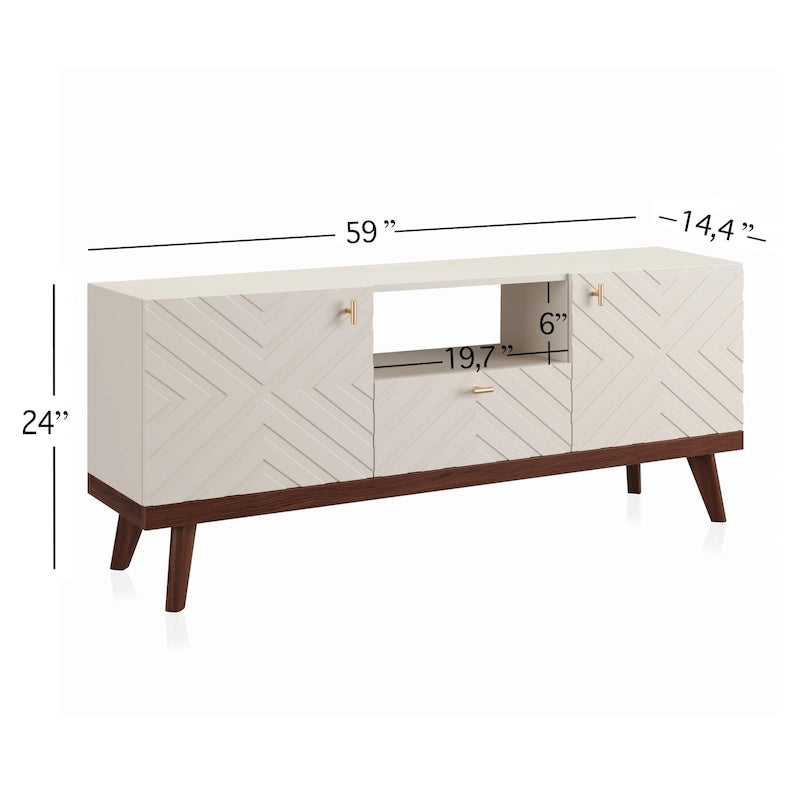 Mobile TV beige con cassetto per TV fino a 65 pollici con gambe in legno, design moderno di metà secolo