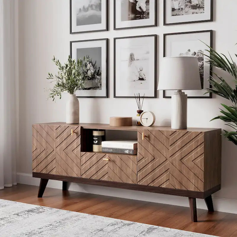 Mobile TV beige con cassetto per TV fino a 65 pollici con gambe in legno, design moderno di metà secolo