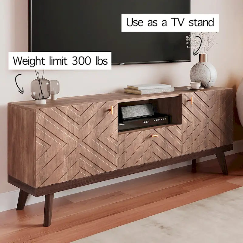 Mobile TV beige con cassetto per TV fino a 65 pollici con gambe in legno, design moderno di metà secolo