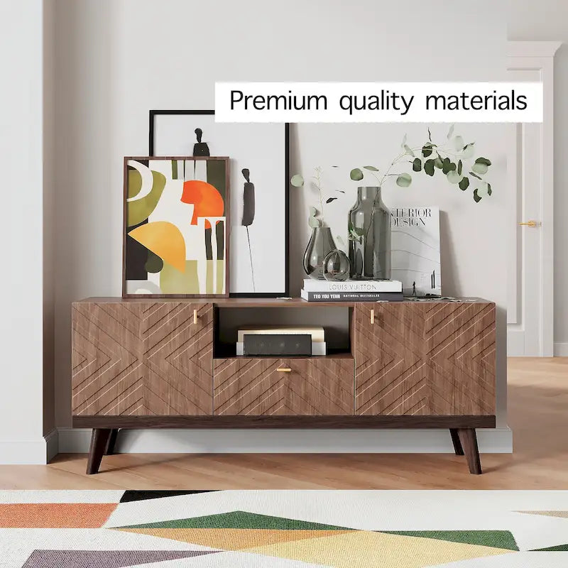 Mobile TV beige con cassetto per TV fino a 65 pollici con gambe in legno, design moderno di metà secolo