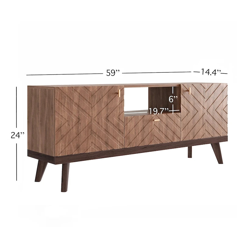 Mobile TV beige con cassetto per TV fino a 65 pollici con gambe in legno, design moderno di metà secolo