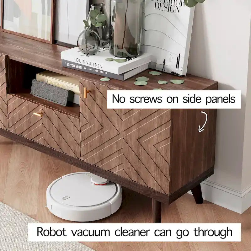 Mobile TV beige con cassetto per TV fino a 65 pollici con gambe in legno, design moderno di metà secolo