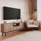 Mobile TV beige con cassetto per TV fino a 65 pollici con gambe in legno, design moderno di metà secolo
