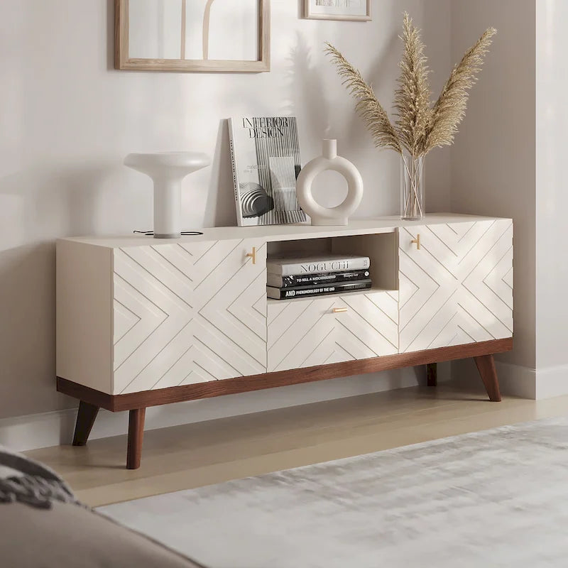 Mobile TV beige con cassetto per TV fino a 65 pollici con gambe in legno, design moderno di metà secolo