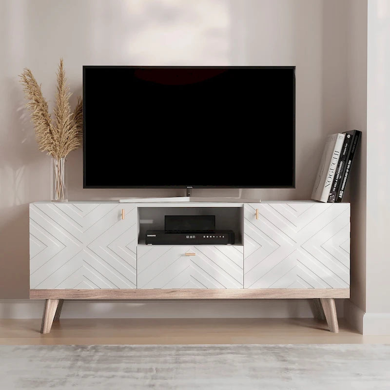 Mobile TV beige con cassetto per TV fino a 65 pollici con gambe in legno, design moderno di metà secolo