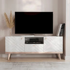 Mobile TV beige con cassetto per TV fino a 65 pollici con gambe in legno, design moderno di metà secolo