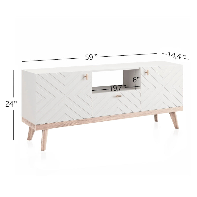 Mobile TV beige con cassetto per TV fino a 65 pollici con gambe in legno, design moderno di metà secolo