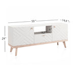 Mobile TV beige con cassetto per TV fino a 65 pollici con gambe in legno, design moderno di metà secolo
