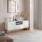 Mobile TV beige con cassetto per TV fino a 65 pollici con gambe in legno, design moderno di metà secolo
