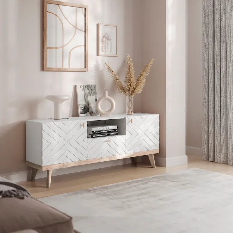 Mobile TV beige con cassetto per TV fino a 65 pollici con gambe in legno, design moderno di metà secolo