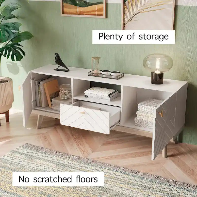 Mobile TV beige con cassetto per TV fino a 65 pollici con gambe in legno, design moderno di metà secolo