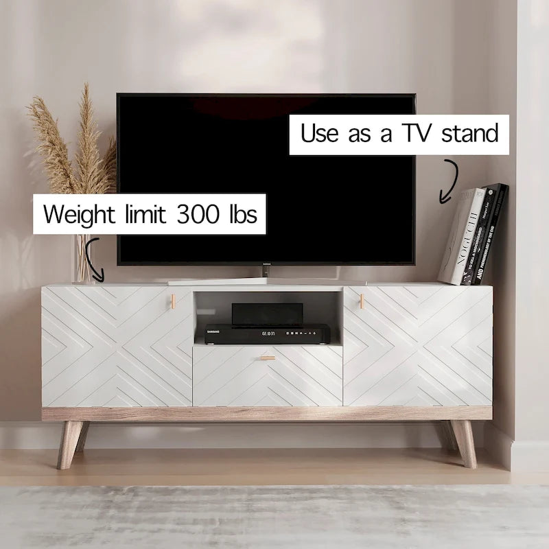 Mobile TV beige con cassetto per TV fino a 65 pollici con gambe in legno, design moderno di metà secolo