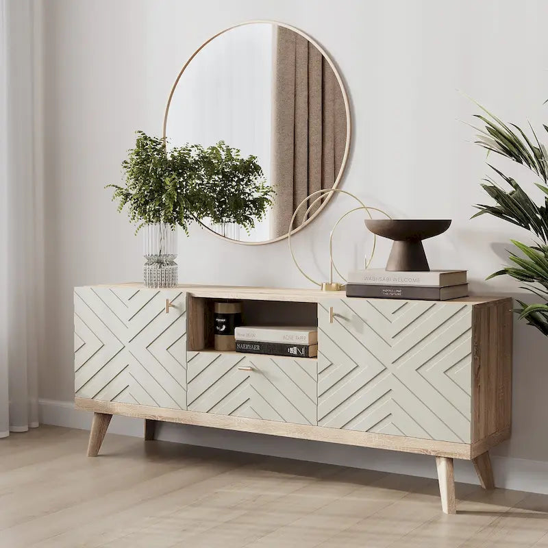 Mobile TV beige con cassetto per TV fino a 65 pollici con gambe in legno, design moderno di metà secolo