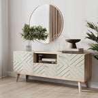 Mobile TV beige con cassetto per TV fino a 65 pollici con gambe in legno, design moderno di metà secolo