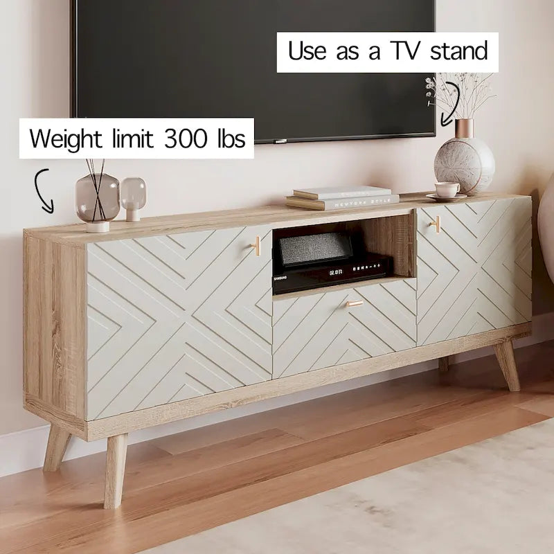 Mobile TV beige con cassetto per TV fino a 65 pollici con gambe in legno, design moderno di metà secolo
