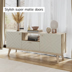 Mobile TV beige con cassetto per TV fino a 65 pollici con gambe in legno, design moderno di metà secolo