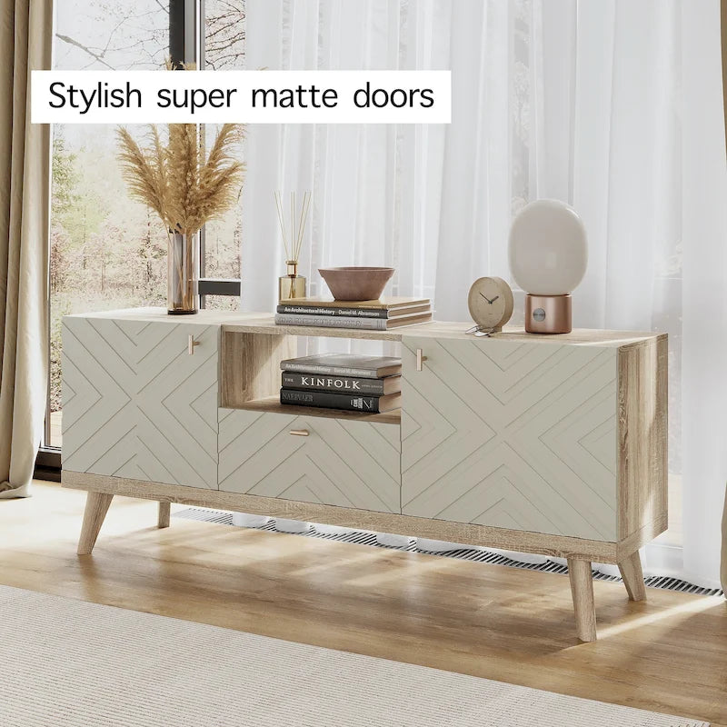 Mobile TV beige con cassetto per TV fino a 65 pollici con gambe in legno, design moderno di metà secolo