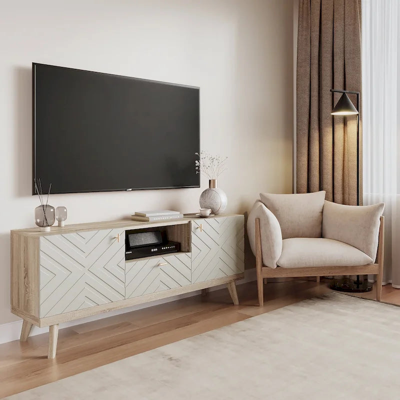 Mobile TV beige con cassetto per TV fino a 65 pollici con gambe in legno, design moderno di metà secolo