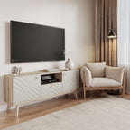 Mobile TV beige con cassetto per TV fino a 65 pollici con gambe in legno, design moderno di metà secolo