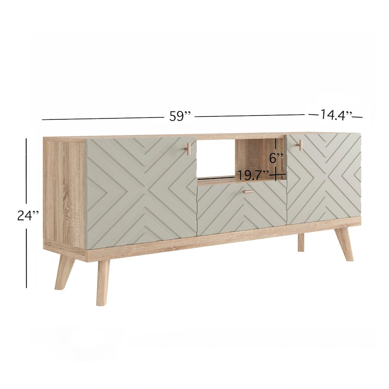 Mobile TV beige con cassetto per TV fino a 65 pollici con gambe in legno, design moderno di metà secolo