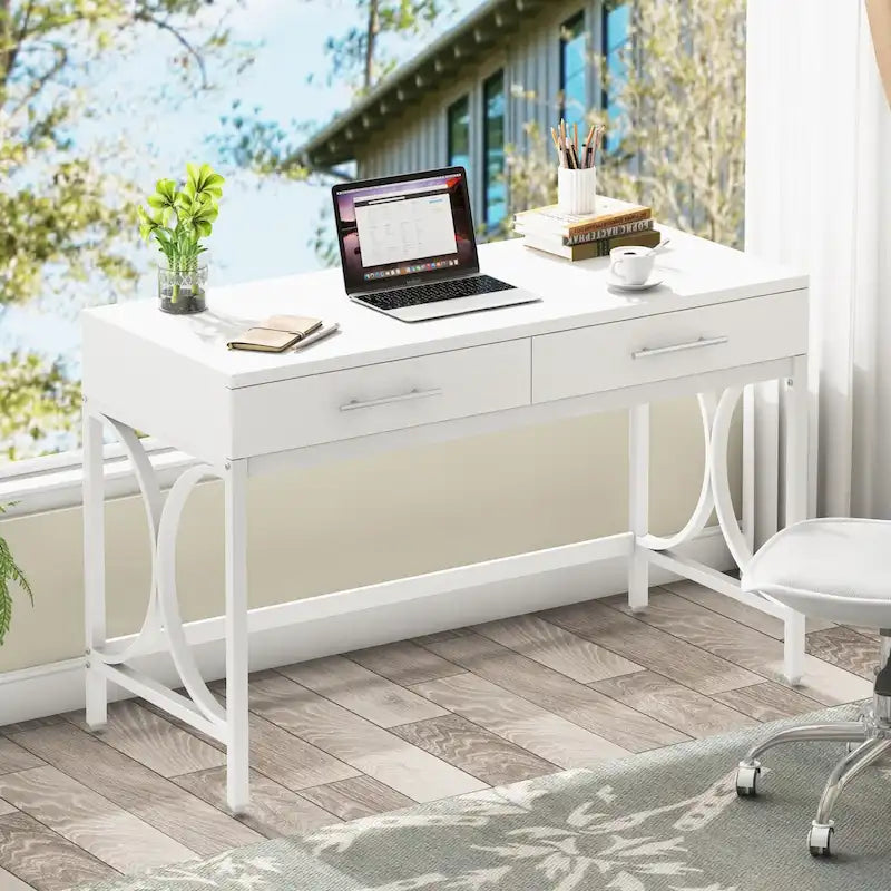 Scrivania moderna per computer con 2 cassetti, scrivania per ufficio in casa bianca e oro, tavolo da trucco