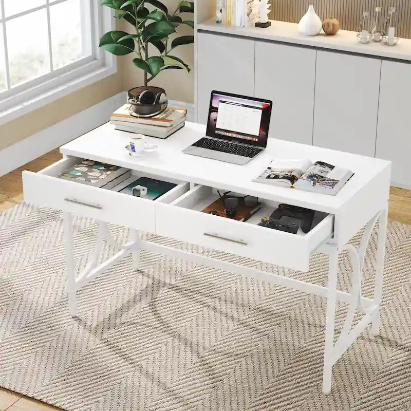 Scrivania moderna per computer con 2 cassetti, scrivania per ufficio in casa bianca e oro, tavolo da trucco