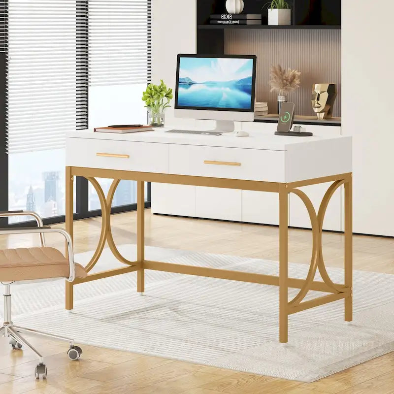 Scrivania moderna per computer con 2 cassetti, scrivania per ufficio in casa bianca e oro, tavolo da trucco