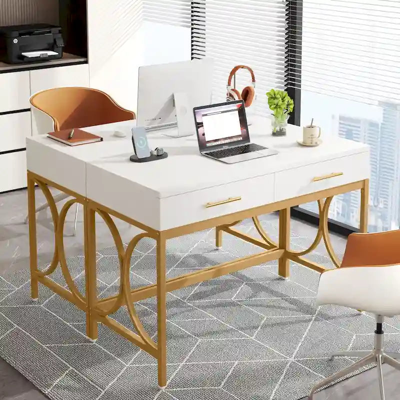 Scrivania moderna per computer con 2 cassetti, scrivania per ufficio in casa bianca e oro, tavolo da trucco