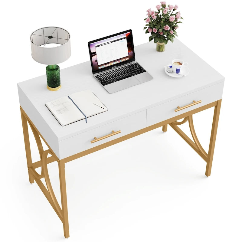 Scrivania moderna per computer con 2 cassetti, scrivania per ufficio in casa bianca e oro, tavolo da trucco