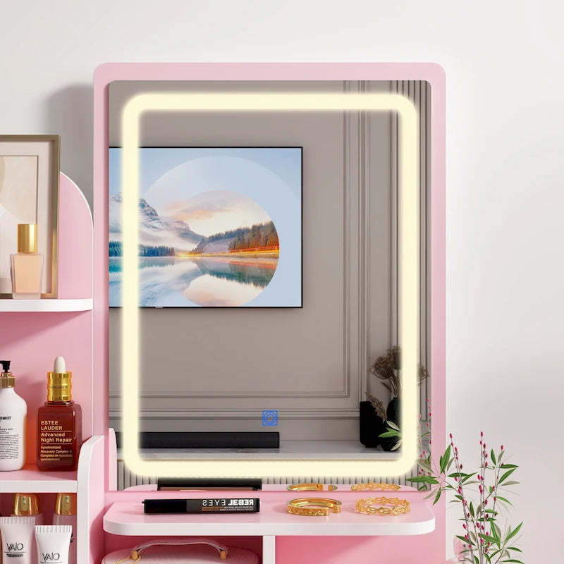 Tavolo da Trucco con Luci LED, Specchio e Sgabello