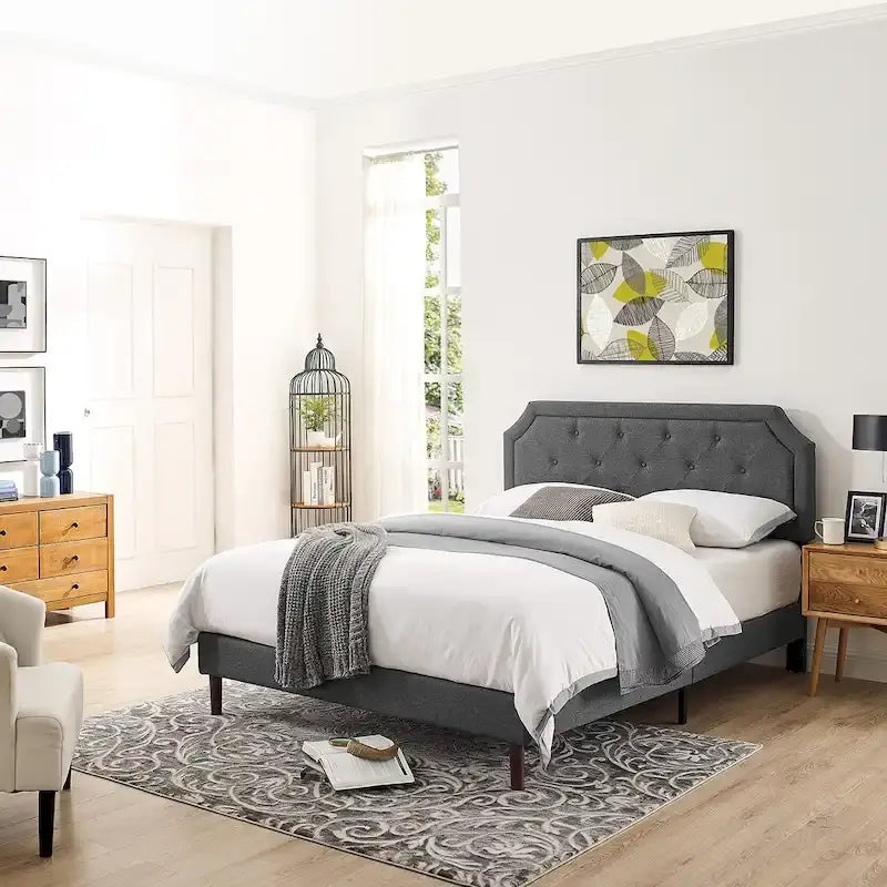  Tufted Upholstered Platform Bed Frame with Adjustable Height Headboard