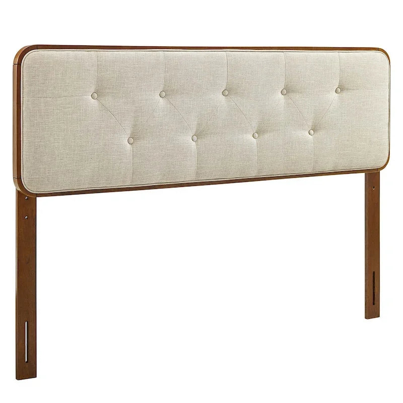 Testiera per letto queen size, tradizionale, in legno di noce, con bottoni, imbottita in tessuto beige